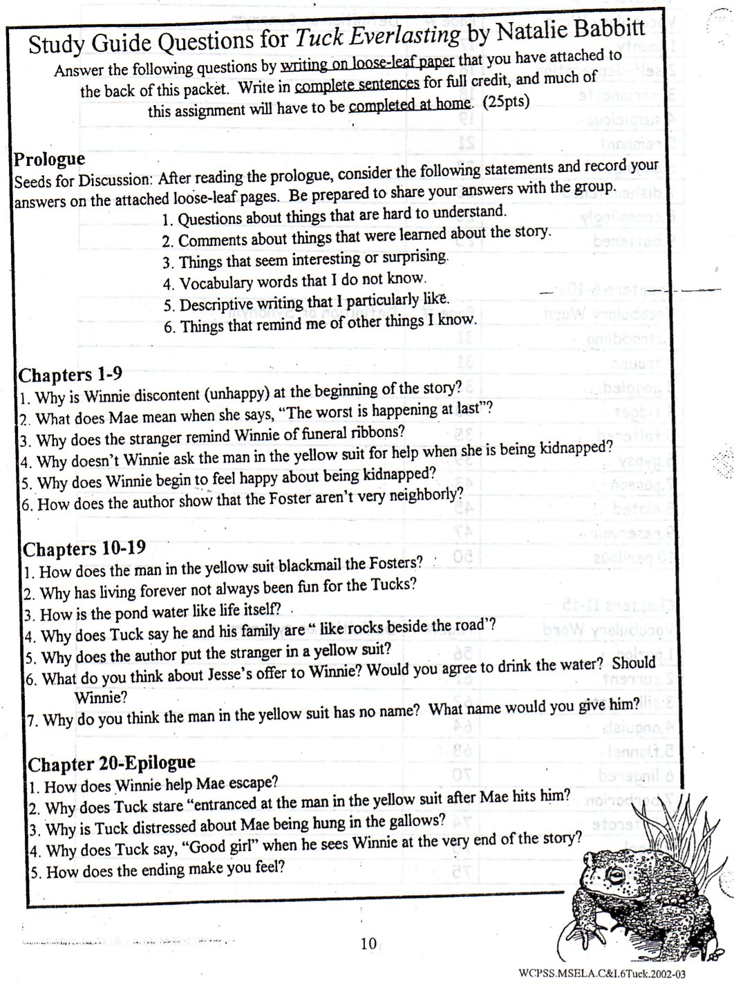 Essay questions for tuck everlasting